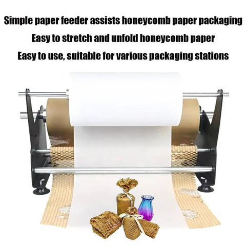 Heavy Duty Honeycomb Paper Dispenser And Packaging Feeder With Adjustable Tension And Stretching Device For Smooth Roll Action Straight Fire Performance For Fast Box Taping with side view of rolls and gifts.