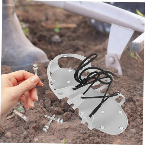 Durable Lawn Aerator Shoes with metal spikes shown on soil with hand holding a spike, perfect for easy grass and lawn care.