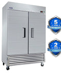 Heavy Duty Fifty Four Inch Commercial Reach In Upright Refrigerator Double Door Stainless Steel Commercial Fridge With Forty Nine Cubic Feet, front view with warranty seals.
