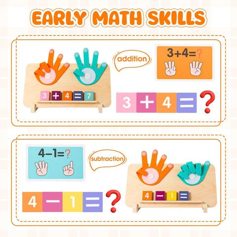 Super Slick Wooden Number Blocks And Finger Counting Board For Preschool Toddlers showing early math skills with addition and subtraction activities.