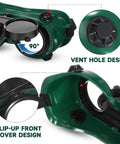 Detailed view of Workhorse Flip Up Welding Goggles With Impact Resistant Lenses showing flip-up cover and vent hole design.