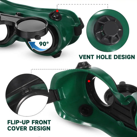 Detailed view of Workhorse Flip Up Welding Goggles With Impact Resistant Lenses showing flip-up cover and vent hole design.