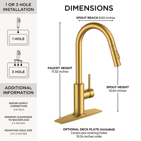 Matte gold pull down kitchen faucet with sprayer dimensions and installation guide.