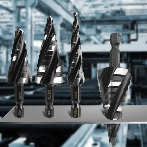 Step Drill Bit Set For Metal And More, 3 Piece Titanium Coated HSS Bits With 1/4 Inch Hex Shank, 34 Sizes From 1/8 To 7/8 displayed