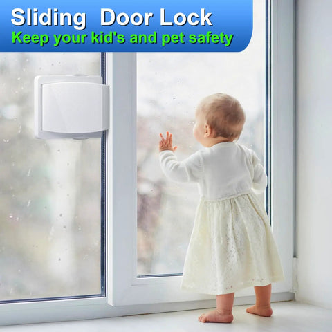 Baby standing near sliding glass door with Easy Install Sliding Glass Door Lock For Child Safety And Pet Proofing, One Pack, Durable Grey.