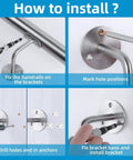 Installation guide for Heavy Duty Stainless Steel Handrail Kit for indoor and outdoor decks and stairs, showing steps to fix brackets.