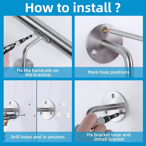 Installation guide for Heavy Duty Stainless Steel Handrail Kit for indoor and outdoor decks and stairs, showing steps to fix brackets.