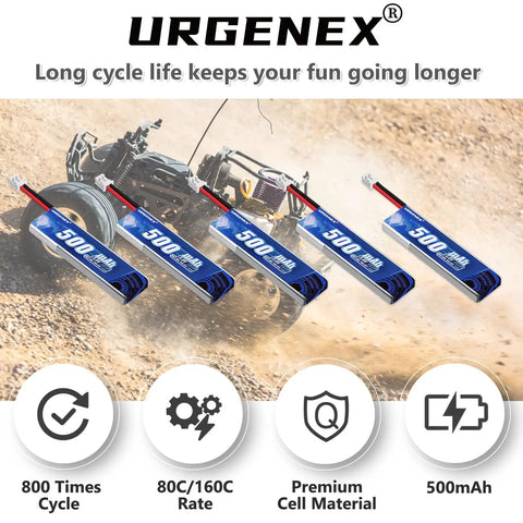 EMAX 1S 500mAh HV Lipo Battery 80C Continuous Discharge, 160C Burst, PH2.0 Plug displayed in front of RC car