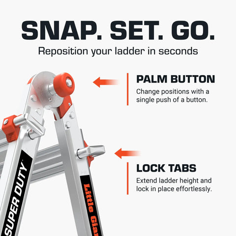 Versatile 22 Ft Multi-Position Ladder For Pros And DIYers, A Real Workhorse, Heavy-Duty Aluminum Construction, Four-Position Modes, Secure Locking, Stable And Durable For Indoor Outdoor Tasks, Roof Access And Tall Projects. Close-up of palm button and lock tabs
