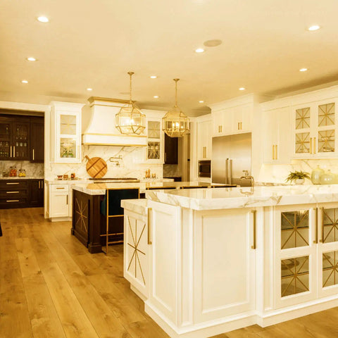 Modern kitchen lit by Essential Series 6 Inch Ultra Thin LED Recessed Lighting with J-Box Pack of 4, 3000K Warm White.