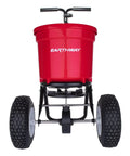 Front view of Heavy Duty 50 Lb Broadcast Fertilizer Spreader For Lawns, Walk Behind Push Seeder With Adjustable Drop Rate, Rugged Drive Handle, Large 13 Inch Pneumatic Stud Tires, Clog Free Grate For Smooth Material Flow