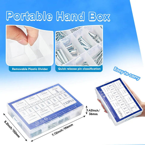 Clear storage box with 132 Piece Galvanized Steel Clevis Pins Set With 15 Sizes Heavy Duty Assortment Kit for trailers and tractors.