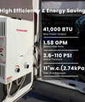 Portable Propane Tankless Water Heater For RV And Camping, 1.58 GPM, 6L displayed inside RV with efficiency features