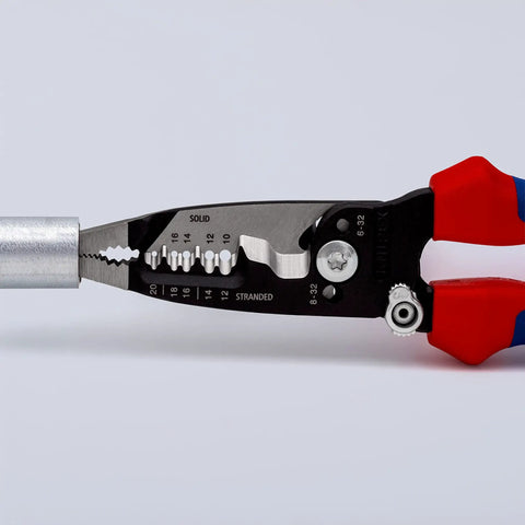 Close-up of Pro Grade Multifunction Wire Stripper Pliers For Electricians With Two Component Ergonomic Handles And Multicolored Finish
