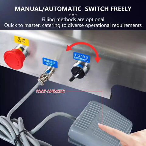 Smooth Operator Pneumatic Bottle Filler Machine With Heavy Gauge Stainless Steel Hopper And No Sweat Anti Drip Spout control panel with auto/manual switch