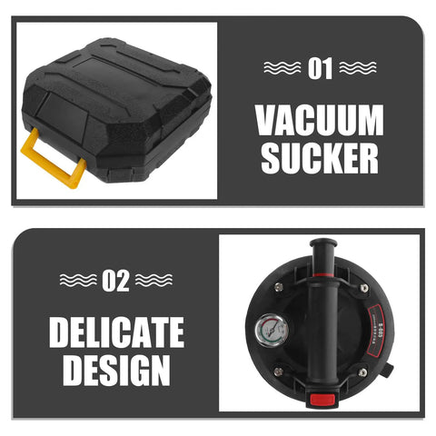 Heavy Duty Glass Lifter With Vacuum Air Pump And Pressure Gauge For Moving Ceramic Tile Sheet Metal Granite And Furniture Safely Using Strong Adsorption Cup In Plastic Rubber Material - Vacuum suckers and design details.