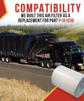 Dust Collector Filter Replacement For Wynn Environmental Grizzly Harbor Freight Jet Vortex HF Dust Collectors And Heavy Duty Trucks 30 Micron Cellulose Black Silver Finish Built To Last next to a heavy-duty truck on highway.