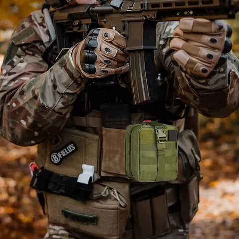 Emergency First Aid Kit IFAK With MOLLE Admin Pouch attached to soldier gear for outdoor adventures