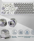 Premium 1/4-20 Lock Nuts And Flat Washers Set With 100 Pack Featuring Rugged 18-8 304 Stainless Steel, showing nuts and washers.