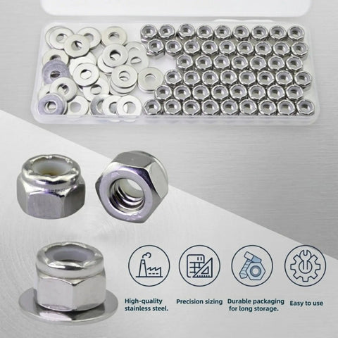 Premium 1/4-20 Lock Nuts And Flat Washers Set With 100 Pack Featuring Rugged 18-8 304 Stainless Steel, showing nuts and washers.