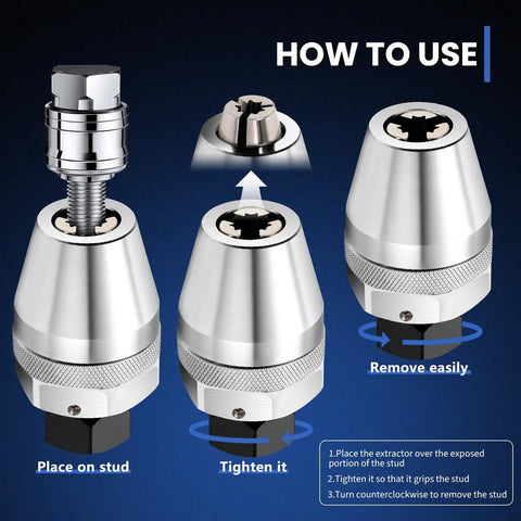 Heavy Duty Stud Extractor Set for Damaged Bolts and Studs, Removes 1/4 to 1/2 Inch Fasteners, how-to-use instructions displayed