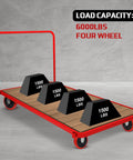 Red industrial trolley with 8 Inch Industrial Caster Wheels Set Of 4 With Polyurethane Tread On Polyolefin Core, 6000 lb capacity weights.
