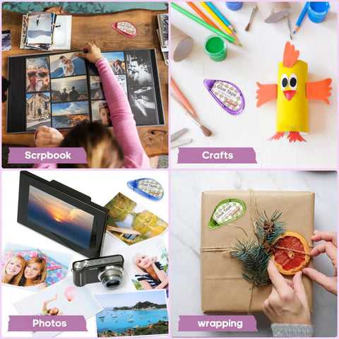 Double Sided Craft Tape Roller Kit 12 pack used for scrapbooking, crafts, photos, and wrapping projects on a table.