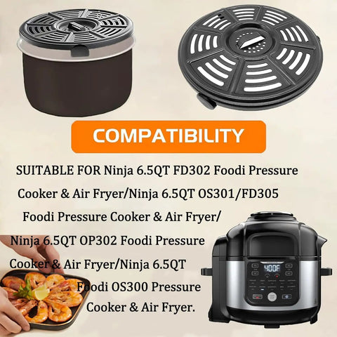 No Stress 6.5 Qt Air Fryer Crisping Plate For Ninja Foodi FD302 FD305 OS300 OS301 OP302 shown with compatible air fryer.
