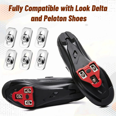 6 Piece Bike Cleat Replacement Kit with screws bolts washers and wrench for Look Peloton shoes shown with cleats on cycling shoes