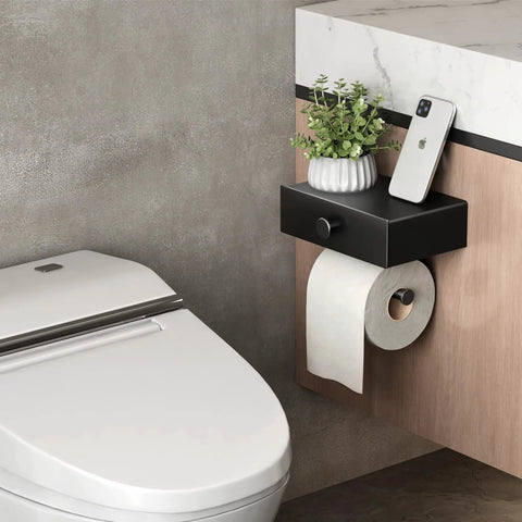 Black Toilet Paper Holder With Shelf And Drawer Storage, Wall Mount Wipes Dispenser, holding phone and plant