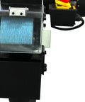 Rugged 4x48 Inch Industrial Belt Grinder With 76 Fps Belt Speed And Rock Hard 2hp Motor close-up of sanding belt and tension housing.