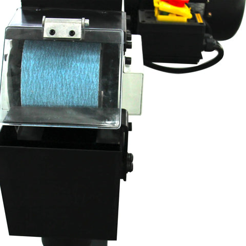 Rugged 4x48 Inch Industrial Belt Grinder With 76 Fps Belt Speed And Rock Hard 2hp Motor close-up of sanding belt and tension housing.