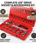 Knock Out Tough Shop Tasks With This Badass 3/8 Inch Drive 36 Piece Socket Ratchet Wrench Set Packing Smooth Chrome Steel in red case.