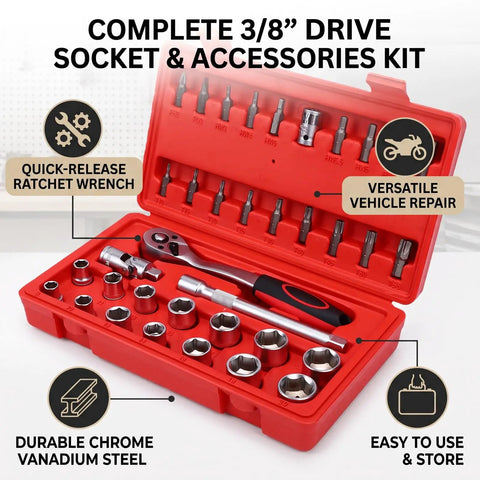 Knock Out Tough Shop Tasks With This Badass 3/8 Inch Drive 36 Piece Socket Ratchet Wrench Set Packing Smooth Chrome Steel in red case.