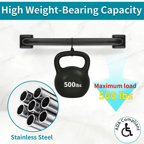 Rock Solid 12 Inch Square Shower Grab Bar in Matte Black with Killer Knurled Grip supports maximum load of 500 lbs, made from stainless steel.
