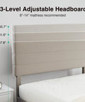 3-Level Adjustable Headboard of Queen Bed Frame With Upholstered Linen Striped Headboard And Adjustable Height Wood Slat Support.