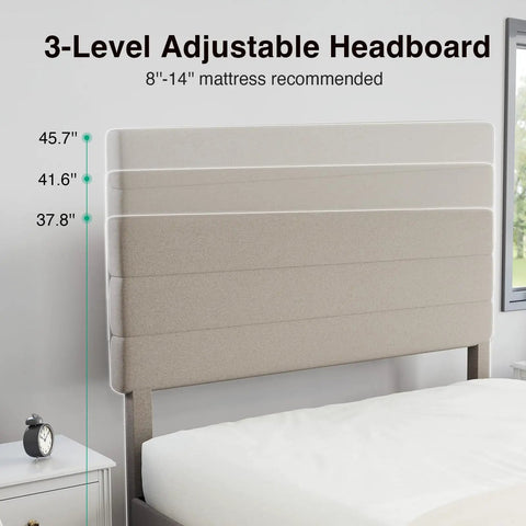 3-Level Adjustable Headboard of Queen Bed Frame With Upholstered Linen Striped Headboard And Adjustable Height Wood Slat Support.