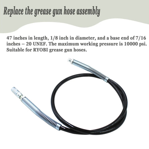 Grab-And-Go Forty-Seven Inch Grease Gun Hose With Coupler Replacement For 18 Volt P3410 And P163 Grease Guns One Eighth Inch Bore Flexible Durable Hose Kit For Quick Lubrication And Easy Attachments