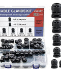Waterproof Adjustable Cable Glands Kit 60 Pack Black Nylon Joints With Gaskets visible in open plastic box with assorted sizes