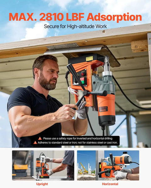 Heavy Duty 1450W Magnetic Drill Press With Rocking Horse Magnet, 1.6 Inch Coring Bit For Steel in operation at height.
