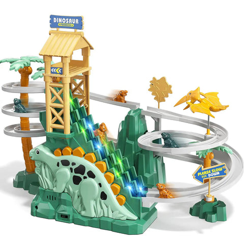 Dinosaur Climbing Slide Toy With Racing Track For Toddlers 3 4 5 6 7 8 Light Up Music Themed Car Track Set Staircase Playset visible