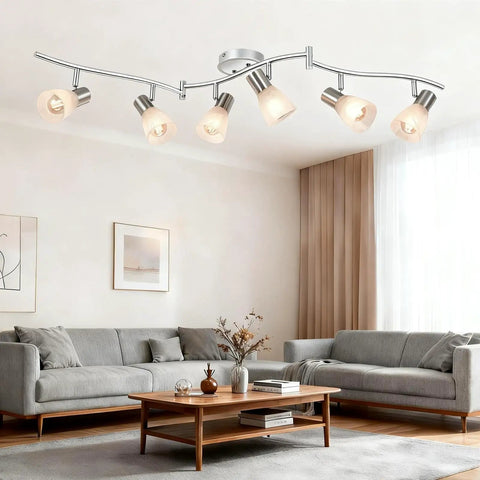 Six Light LED Track Lighting Kit With Frosted Glass Shades And Adjustable Heads In Brushed Nickel Modern Ceiling Fixture