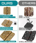 Comparison of Six Piece Set Of Four Inch Ball Bearing Door Hinges With Five Eighths Inch Corner Radius Featuring Heavy Duty Brass Finish.