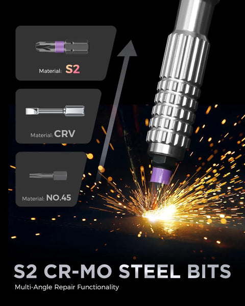 Close-up of Do It All 40 In 1 Magnetic Ratchet Screwdriver Set with S2 CR-MO steel bits and a spark effect