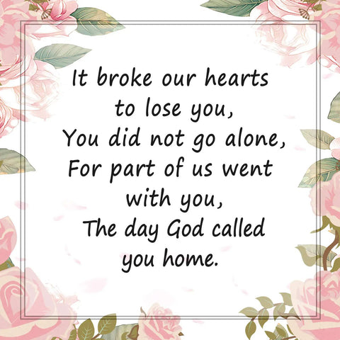 Floral memorial card with poem about loss and remembrance decorated with pink roses and leaves.