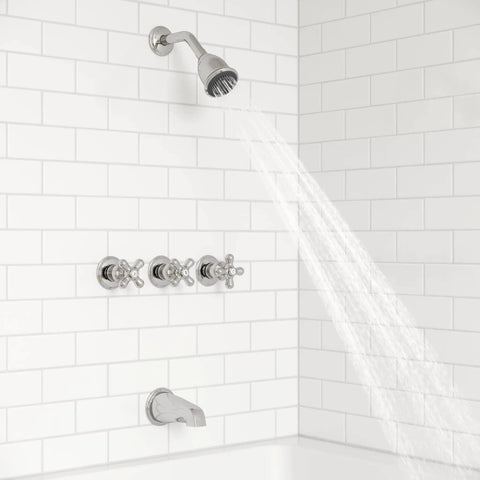 Three-Handle Tub And Shower Faucet Set With Metal Cross Handles, Polished Chrome Finish, 1.8 GPM Flow Rate, 5-Hole Installation