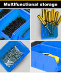 Wall Mounted Storage Bins System With 12 Sturdy Plastic Bins And 3 Steel Rails For Screws Nuts Bolts Nails And Small Hardware Parts Blue Garage Organization To Keep Your Workshop Lookin Neat And Ready with tools and screws in bins