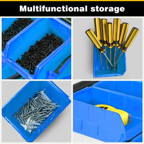 Wall Mounted Storage Bins System With 12 Sturdy Plastic Bins And 3 Steel Rails For Screws Nuts Bolts Nails And Small Hardware Parts Blue Garage Organization To Keep Your Workshop Lookin Neat And Ready with tools and screws in bins