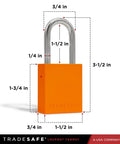 Lockout Tagout Locks Set, orange padlock with 1-1/2 inch chrome steel shackle, dimensions and OSHA compliant label visible.
