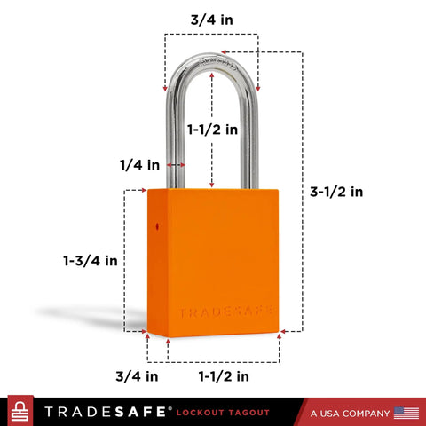 Lockout Tagout Locks Set, orange padlock with 1-1/2 inch chrome steel shackle, dimensions and OSHA compliant label visible.